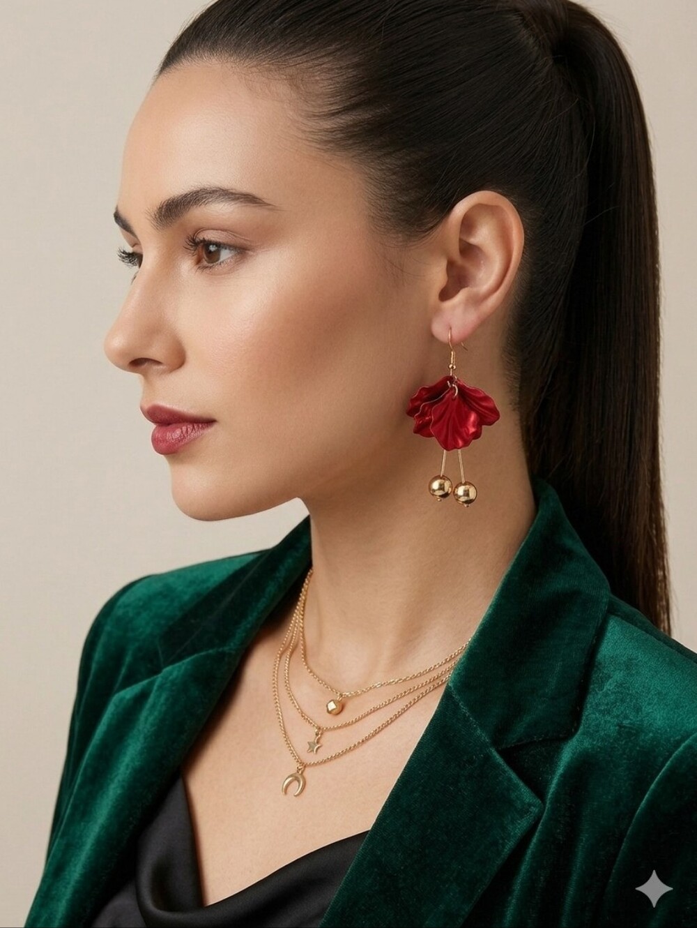 Gold-Accent Red Floral Drop Earrings - Women Jewelry